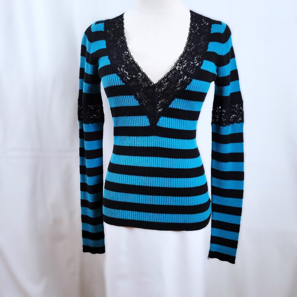 Vintage Betsey Johnson Long Sleeve Teal and Black Sweater  - Size M